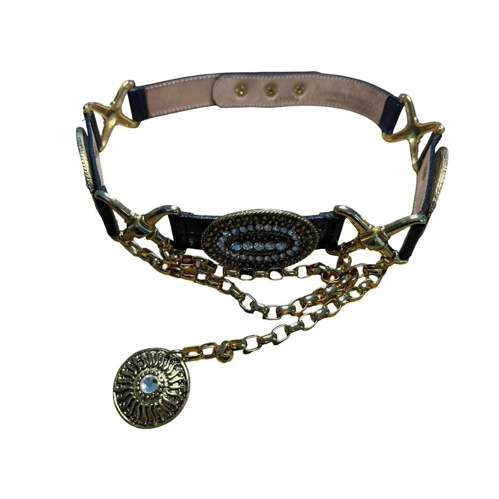 STREETS AHEAD 80S VTG WIDE LEATHER CRYSTAL GOLD CHAIN‎ MEDALLION BELT SML RUNWAY